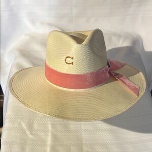 Charlie Horse Cream Hat with Pink Band Sz 7 1/4